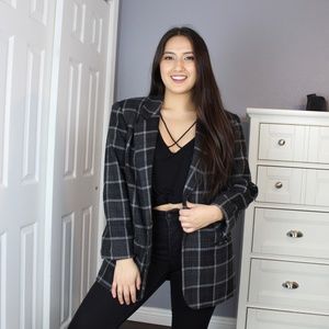 VINTAGE Black Gray Plaid Loose Trendy Wool Blazer